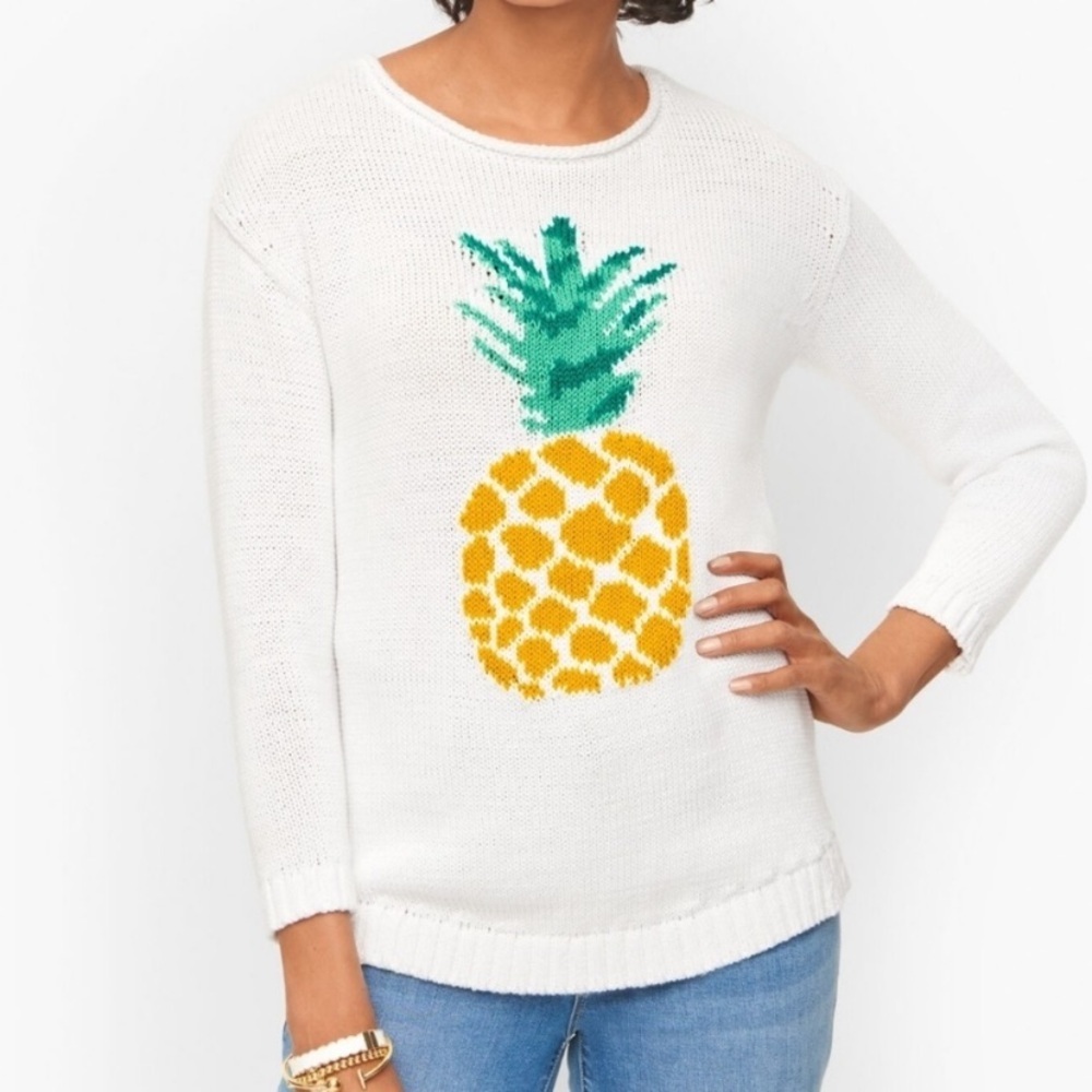 New Talbots Summer White Cotton XL Coastal Novelty Print Sweater Rolled Neck